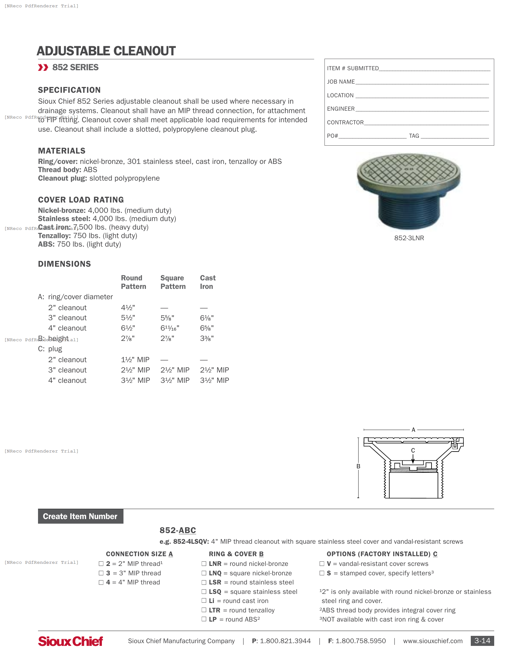 852-L SERIES - ADJUSTABLE CLEANOUT ABS MIP - SPEC SHEET.PDF Specification Document
